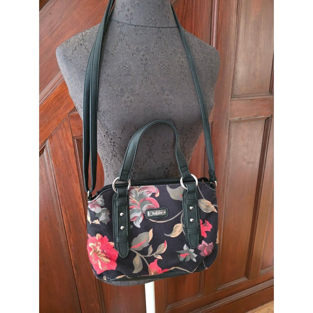 Kolton Floral Black & Red Handbag With Adjustable Strap & Handles